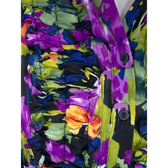 Vintage 90s Y2k Dark Floral Crinkle Blouse GlamRock Bold Peplum Indie Goth Punk - Picture 4 of 11